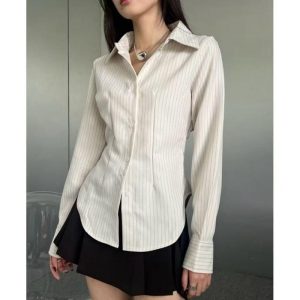Kemeja Stripe Atasan Fit Body Kemeja Wanita